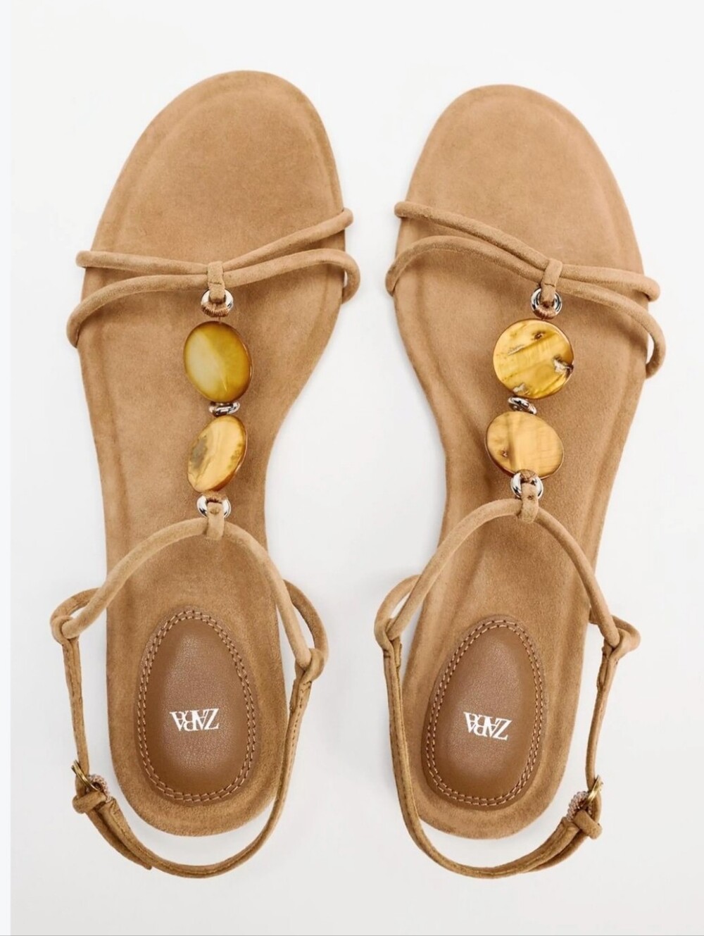 Zara Tan Suede Beaded T-Strap Sandals